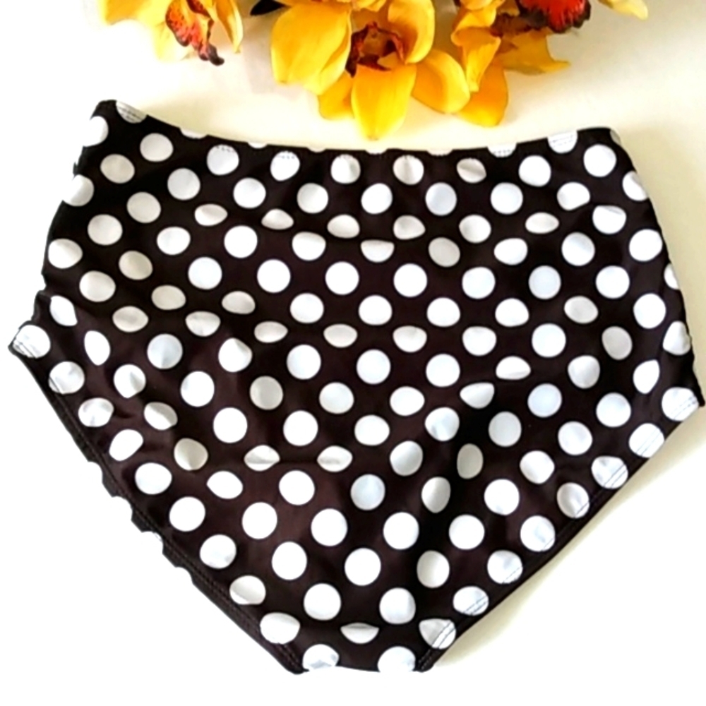 BLACK WHITE POLKADOT RUCHED HIGH-WAIST BIKINI BOTTOM SIZE MED NWOT - Picture 6 of 8
